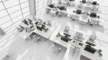 Wall Mural - Animation of top view of minimal style modern white workplace 3d render The room is comfortable and bright with natural light from many windows furnished with black and white furniture