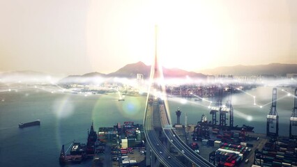Aufkleber - Industrial network, logistics technology and futuristic overlay drone for online travel software, digital transformation and big data distribution. Internet 5g web system graphic with ocean shipping
