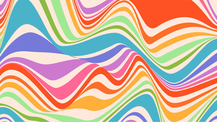 Wall Mural - Hippie trippy retro background for psychedelic 60s 70s parties with bright acid rainbow colors and groovy liquid wavy pattern in pop art style. Funky retro wallpaper.