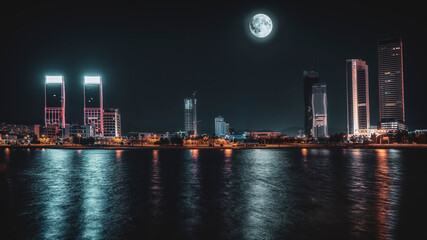 Wall Mural - Business center of izmir city, night panorma of buildings with lights and full moon on sky