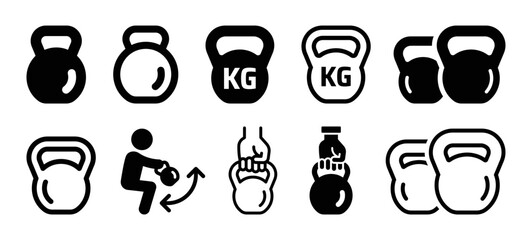 Poster - Kettlebell icon set in line and outline design. Strength training kettlebells symbol.