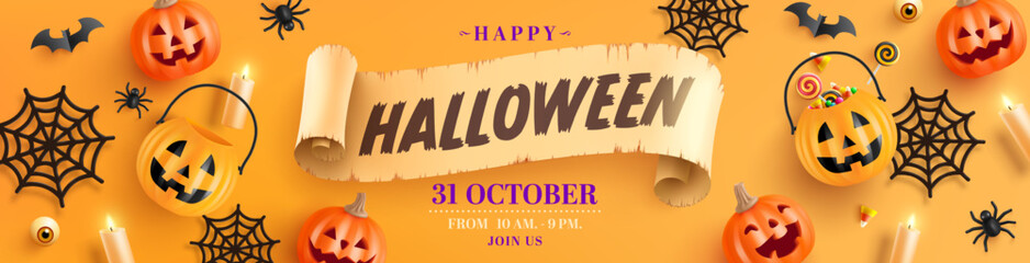 Wall Mural - Happy Halloween banner template with halloween pumpkin and Halloween Elements on orange background. Website spooky,Background or banner Halloween template