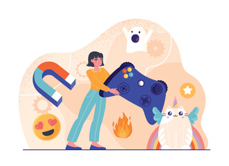 Poster - female game developer. young girl with controllers or joysticks. gadgets and devices. modern ntertai