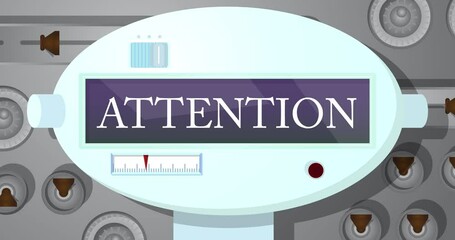 Poster - Robot Eye Showing Attention Text. Animated video. Future Robotics Cartoon Animation.