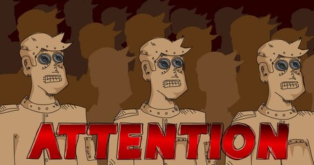 Poster - Robot Army with Attention Text. Line Art Animated video. Future Robotics Cartoon Animation.