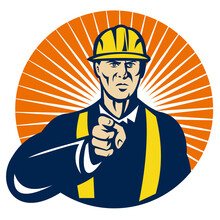 Illustration Of A Construction Worker Pointing At You Done In Retro Style Set Inside Circle