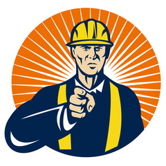 Wall Mural - illustration of a construction worker pointing at you done in retro style set inside circle