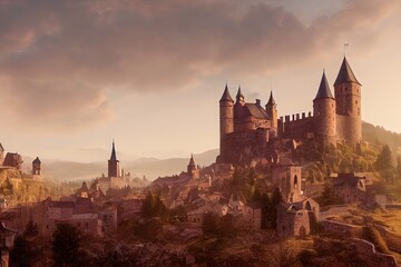 Wall Mural - Medieval town with castle