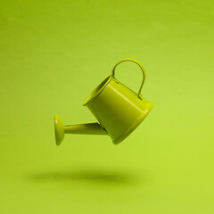 A miniature of a metal watering can floating in the air on a green background with a shadow. Minimal concept. Levitating objects