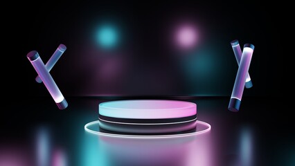 Aufkleber - 3D rendering Neon display Stand Products Colored luminous geometric Podium  shape on a black background ,pink blue Velvet Violet neon light  dark space, ultraviolet spectrum