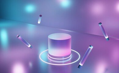 Aufkleber - 3D rendering Neon display Stand Products Colored luminous geometric Podium  shape on a black background ,pink blue Velvet Violet neon light  dark space, ultraviolet spectrum
