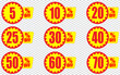 5, 10, 20, 25, 30, 40, 50, 60, 70, 80, 90 percentage off, Discount stickers set for shop, retail, promotion 5, 10, 20, 25, 30, 40, 50, 60, 70, 80, 90 percentage off, Discount stickers set for shop, re