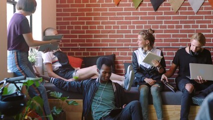 Poster - Creative students or startup information technology people working on digital ux ui website design collaboration or planning. Creativity, relax gen z friends at university for app innovation project