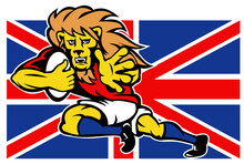 Illustration Of A Cartoon British Lion Playing Rugby Running With Ball Fending Off With Union Jack Flag Isolated On White Background