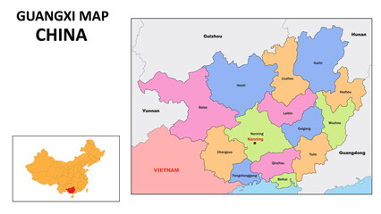 Wall Mural - Guangxi Map of China. State and district map of Guangxi. Political map of Guangxi with country capital.