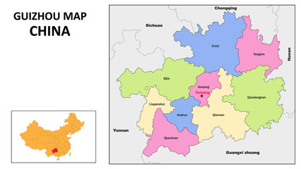  Guizhou Map of China. State and district map of Guizhou. Political map of Guizhou with country capital.