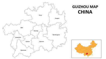 Wall Mural - Guizhou Map of China. State and district map of Guizhou. Administrative map of Guizhou with the district in white color.