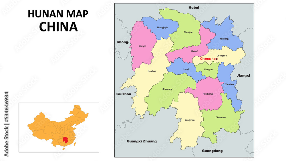 Hunas Map Hunan Map of China. State and district map of Hunan. Political map of ...