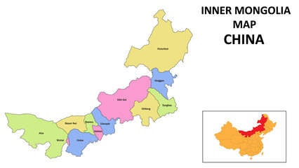  Inner Mongolia Map of China. State and district map of Inner Mongolia. Detailed colorful map of Inner Mongolia.