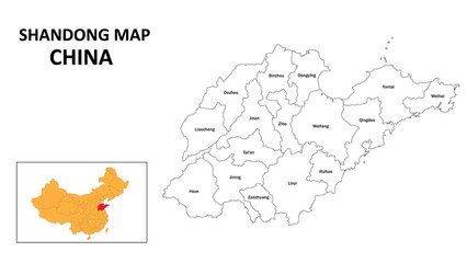 Wall Mural - Shandong Map of China. State and district map of Shandong. Administrative map of Shandong with the district in white colour.