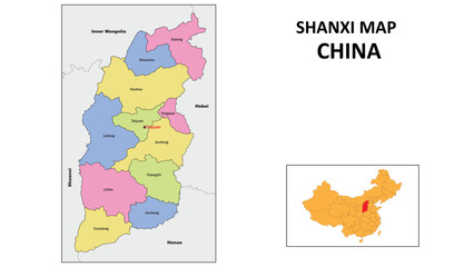 Sticker - Shanxi Map of China. State and district map of Shanxi. Political map of Shanxi with country capital.