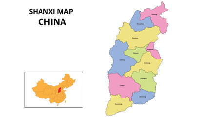 Wall Mural - Shanxi Map of China. State and district map of Shanxi. Detailed colourful map of Shanxi.