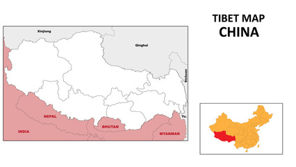 Wall Mural - Tibet Map of China. State and district map of Tibet. Political map of Tibet with outline and black and white design.