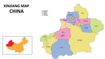 Wall Mural - Xinjiang Map of China. State and district map of Xinjiang. Detailed Xinjiang map of Liaoning.