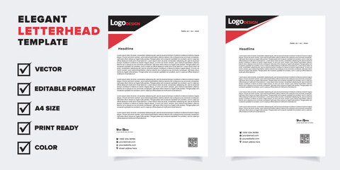 modern letterhead template for business company stationery design with A4 sheet vector format and editable layout in red and black color