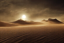 Dramatic Sand Storm In Desert. Abstract Background. Digital Art. 