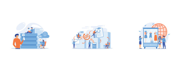 Poster - Internet users with proxy server using big data, Workforce organization and management, Recyclable and eco textile, set flat vector modern illustration