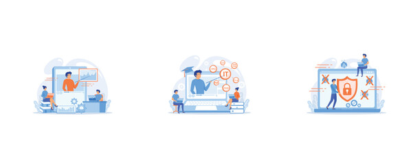 Poster - Students watching online training video with teacher and chart on tablet, Online IT courses, best online IT training, online certification courses concept, A man before laptop with shield and lock on 