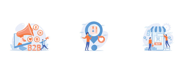 Poster - b2b marketing, online store order, parcel tracking, a couple near huge smartphone with buy icon on t