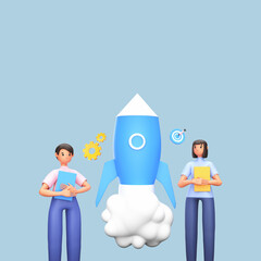 Poster - 3D Render Of Business Man And Woman Launching A Project Of Rocket On Blue Background.