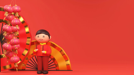 Sticker - 3D Render Of Chinese Young Boy Holding Tanghulu Hawthorn Sticks With Hanging Traditional Lanterns, Paper Fans And Copy Space On Red Background For Chinese New Year.