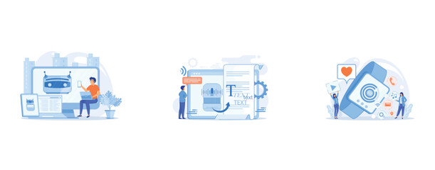 Poster - user with computer, laptop and tablet screens with chatbot and digital habits, speech-to-text app, v