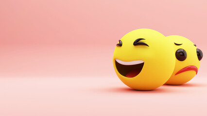 Poster - 3D Render Of Laugh And Sad Emojies Against Pastel Red Background.