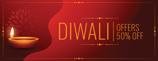 Wall Mural - happy diwali offer and discount banner with glowing diya