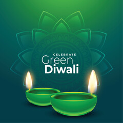 realistic diya design for green diwali greeting background