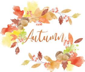 Wall Mural - Watercolor abstract background autumn frame collection with seasonal leaves. Hand-painted watercolor natural art, perfect for your designed header, banner, web, wall, cards, etc.