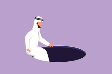 Sticker - Cartoon flat style drawing Arab businessman descends into the hole. Concept of failure to take advantage of business opportunities. Depressed and business failure. Graphic design vector illustration