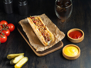 Wall Mural - Chili Con Carne Hot Dog on dark wooden background