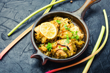 Canvas Print - Appetizing chicken breast baked with rhubarb