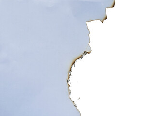 Poster - burnt paper frame for texture overlay. damaged white paper with burnt stain in transparent background. blank ripped paper edge for a design element.