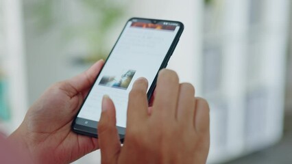 Poster - News, website and hands search phone screen with global media, internet and digital. Media, app and technology with woman reading on smartphone for newspaper, communication and information online