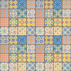 Aufkleber - Old colorful seamless flowers leaves vintage geometric shabby mosaic ornate patchwork motif porcelain stoneware tiles, mosaic stone concrete cement tile mirror wall texture background square pattern
