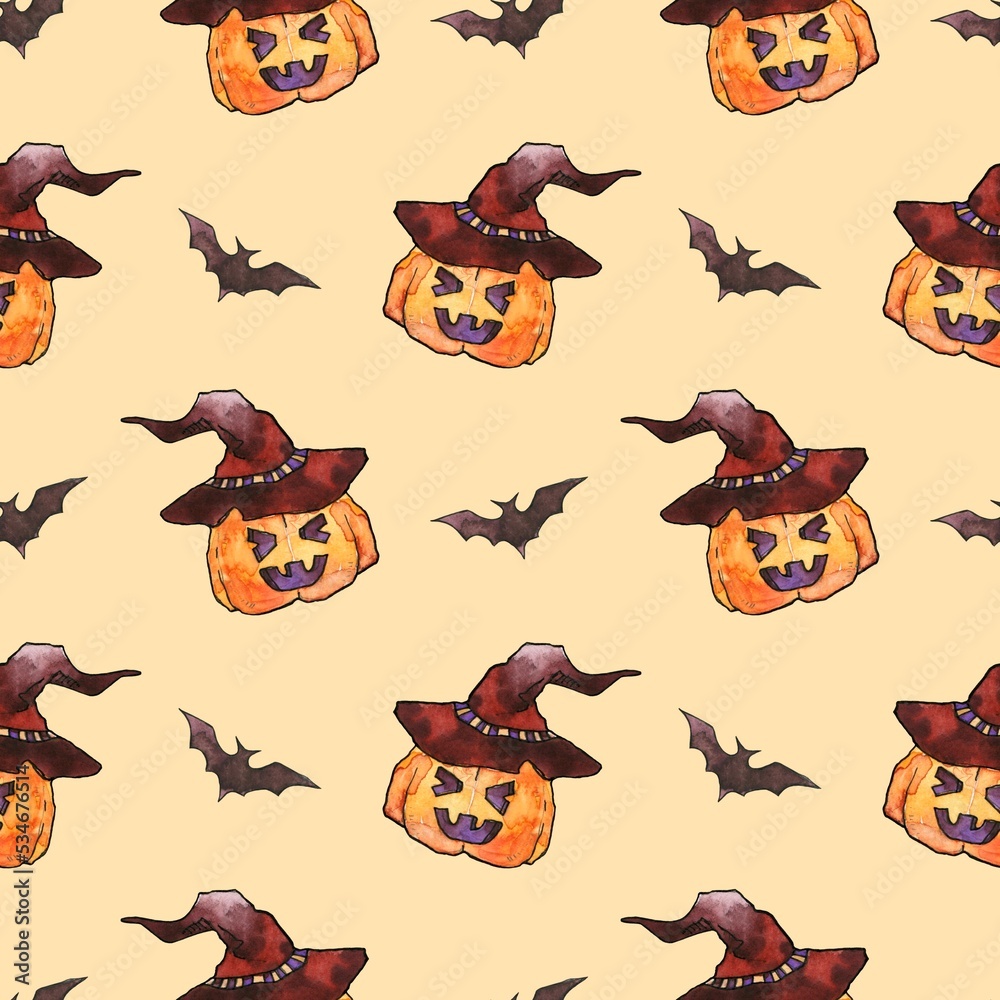 seamless pattern with watercolor pumpkins in a witch's hat and bats on ...