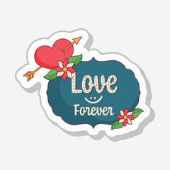 Wall Mural - Beautiful Sticker Style Love Forever Text, Heart And Flower Symbol Flat Style.