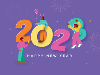 Canvas Print - Colorful 2023 Number With Cartoon People Enjoying And Celebrate On Violet Fireworks Background For Happy New Year Concept.