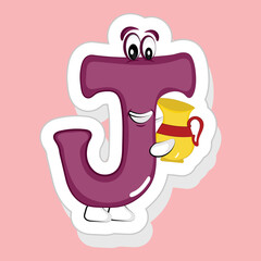 Poster - Sticker Style J Alphabet Cartoon Character Holding Jug On Pink Background.